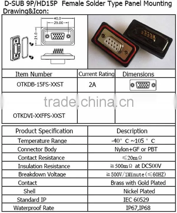 D-SUB 9P/HD15P Female solder type panel mounting Waterproof Connector