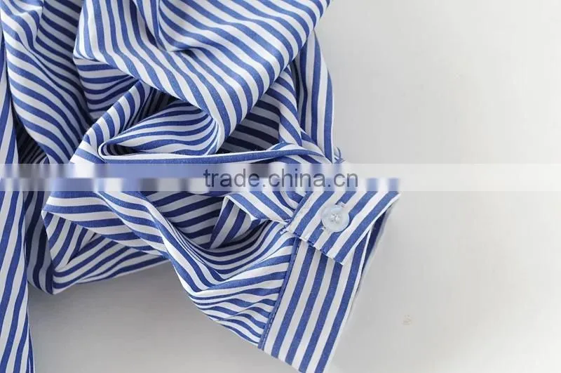 Wholesale Womens 100% Cotton Long sleeve Strip Oxford Blouse