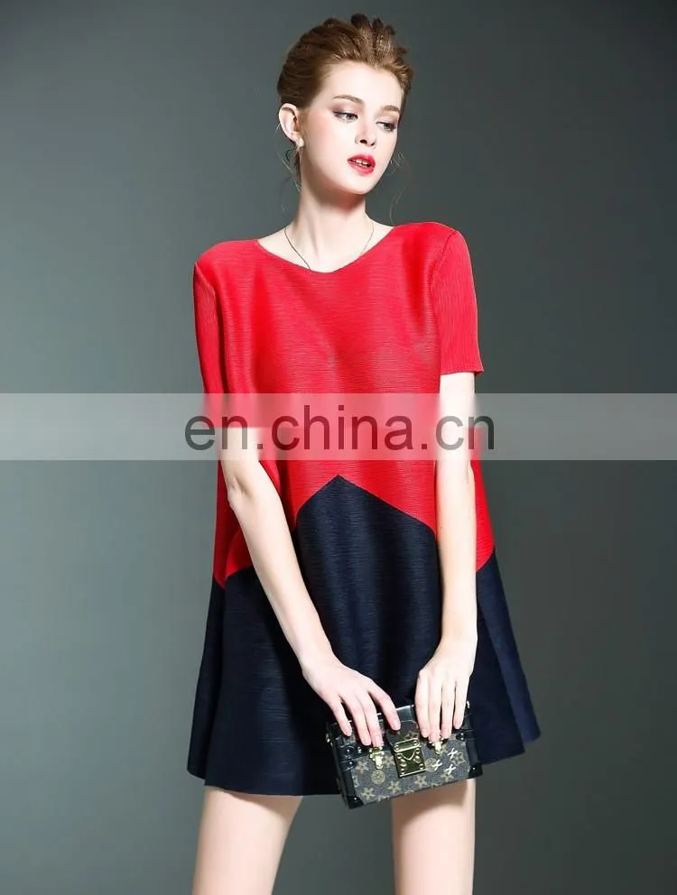 2016 plus size women clothing pleats issey contrat colors lady summer dresses