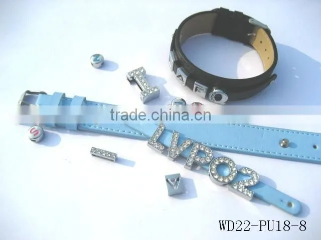 Sky Blue PU Leather Bracelet Wrist Bands can be Slided with Alphabet Letters
