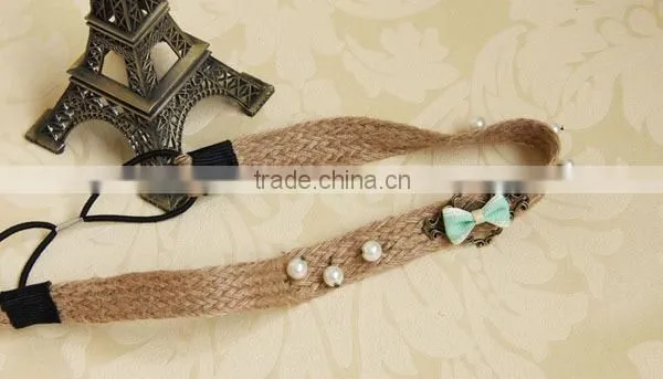 Little Fresh Retro Handmade Faux Pearl & Bowknot Hemp Rope Elastic Hair Band Fashion Headband