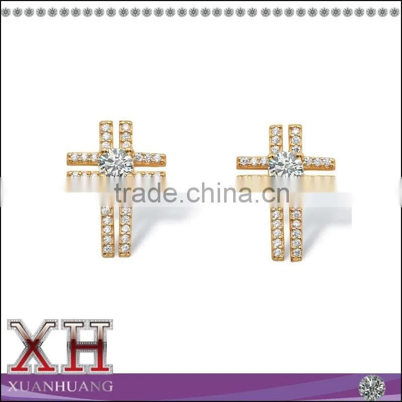 Gold Over Silver Cubic Zirconia Round and Pave Fashion Cross Earrings