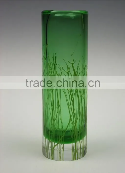 Green solid color popular model leadfree crystal high quality line design straight cylinder glass vase