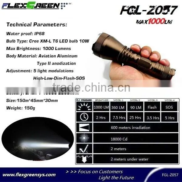rechargeable aluminum T6 1000lm xml led flashlight