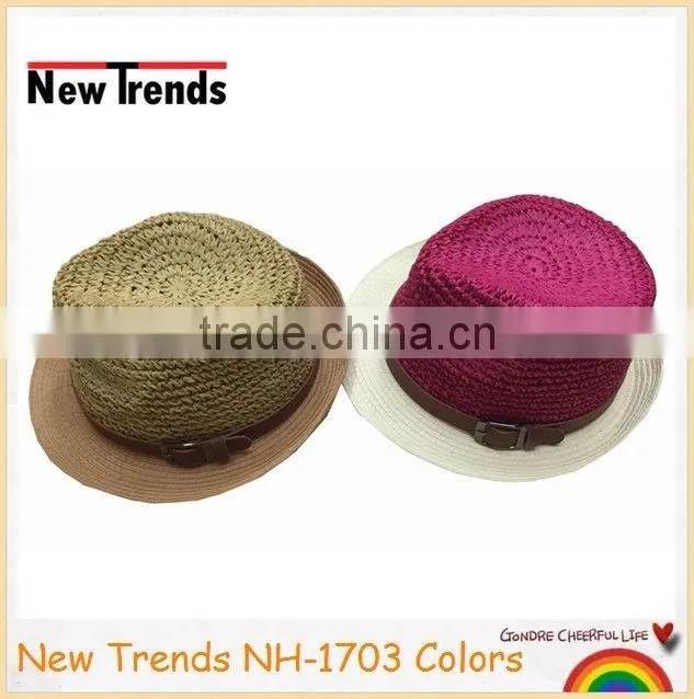 Funny two colors patch work straw bucket hat