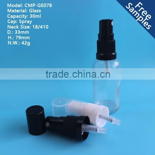 1OZ clear glass essential oil bottle with sprayer cap,30ml plastic spray essential oil bottle
