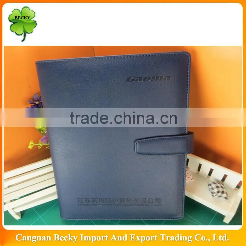 High quality promotional gift blue embossing pull up leather spiral notepad with pockets, pen holder and magnetic closure