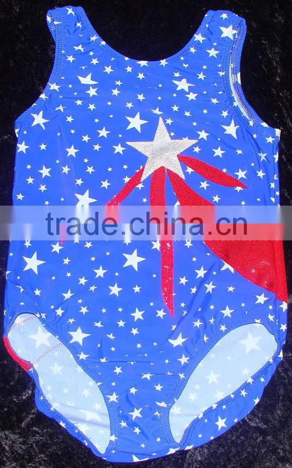 Gymnastics Leotard girls blue with stars and appliqued white holographic star and red holographic streamers