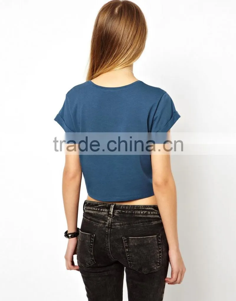 blank crop tops short t shirts with roll sleeve
