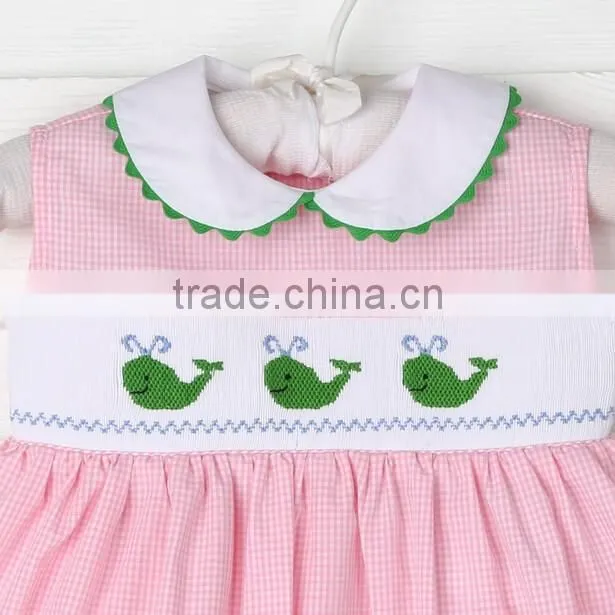 2017 Spring New Arrive Little Girls Easter Clothes Smocked Whale Collared Jummper Pink Gingham Dress