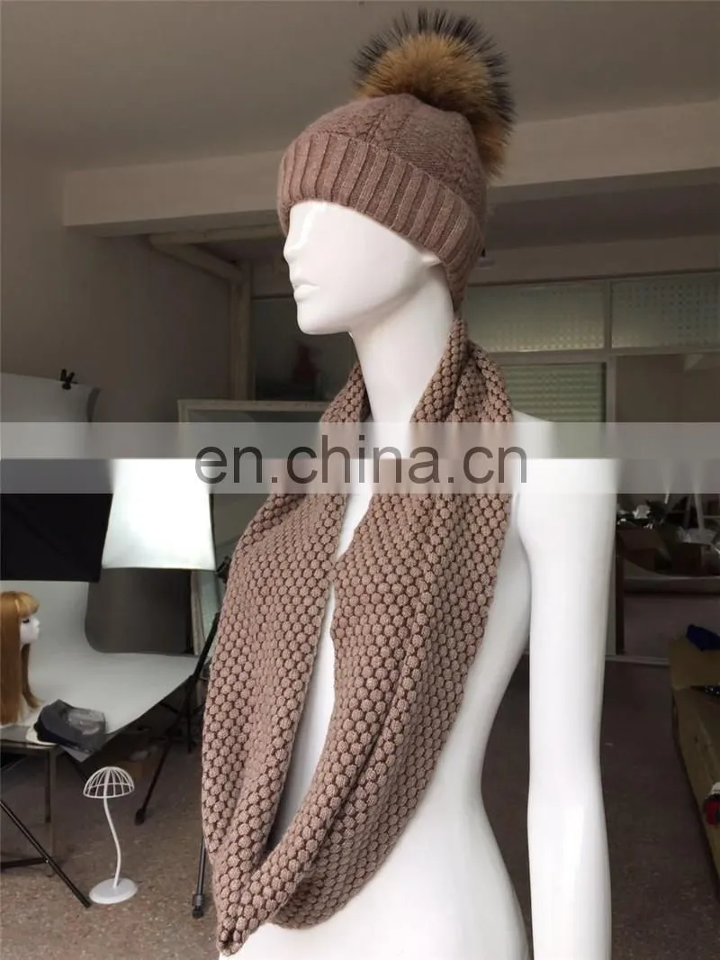 Wool Flat Knitting Beanie Pompom Hat Fashionable Lady Scarves One Piece Hat and Scarf