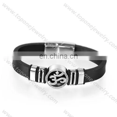 2017 China factory men's PU leather and stainless steel bracelet