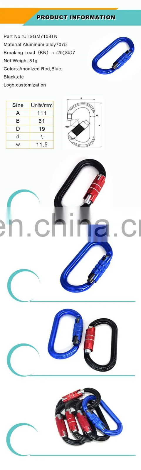 UIAA certificate 25kn gold black custom logo oem accepted O shaped safety climbing aluminum carabiner hook