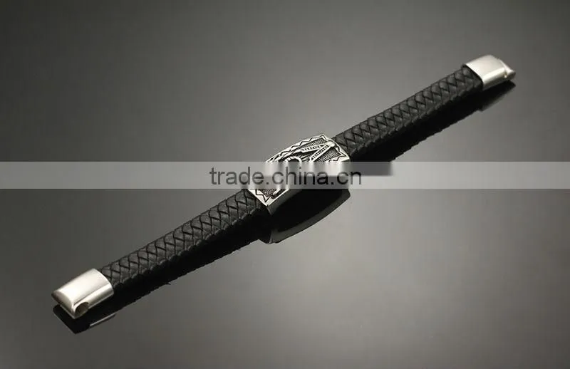 Braided Black Genuine Leather Bracelet Wholesale Mens Stainless Steel Clasp