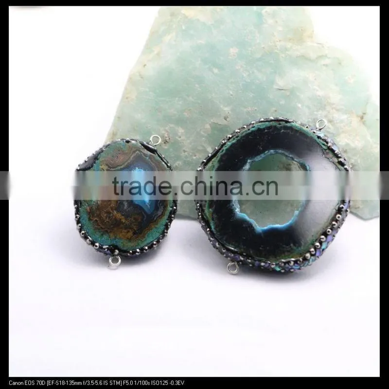 LFD-0095B Nature Agate Geode Connector Beads, with Pave Crystal and Silver / Gold Foil / Abalone Shell Druzy Beads