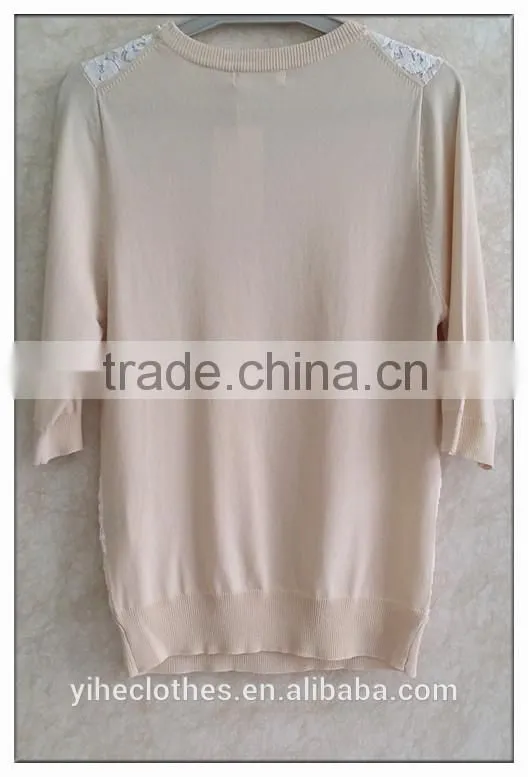 2015 women knitting ladies' blouse short sleeve beaded round neck pullover with lace patchwork