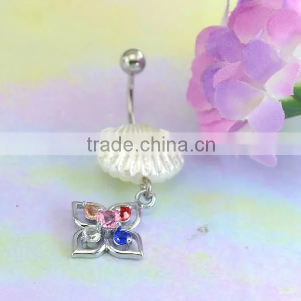 Multi-colour gems shells navel piercing stainless steel hypoallergenic hanging 14g belly ring