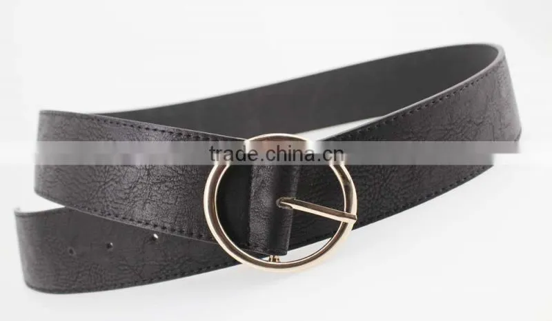 Women's fashion belt with black PU leather & Gold circle Buckle in chinese factory