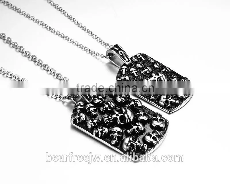 Men's Stainless Steel Gothic Skull Dog Tag Biker Pendant Necklace with 24" Link Chain
