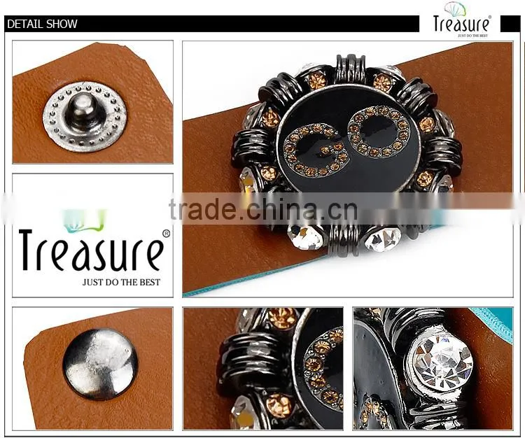 Wide leather bangle with delicate rhinestone watch shape charm bangle jewelry for unisex new design in 2016