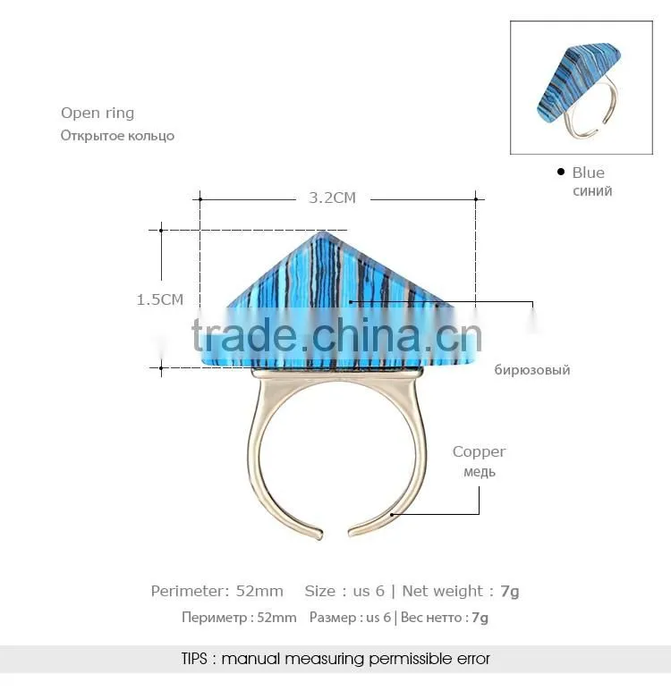 2016 Three- dimensional triangle blue turquoise mosaic copper ring for gift 2016 wholesale