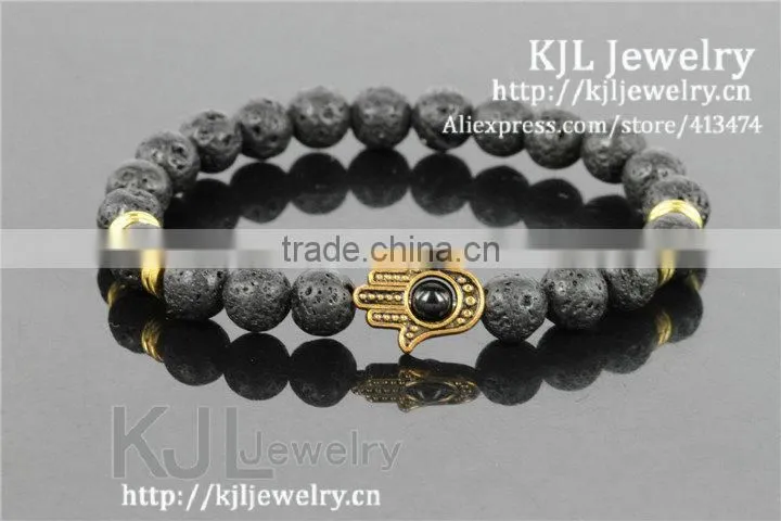 KJL-A0248 wholesale gold hamsa palm charm bracelet,natural lava stone beaded evil eye bracelet bangle