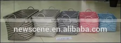 Set of 5 Flat PP rectangle basket with ear handles , zig zag weave , the top with wire frame