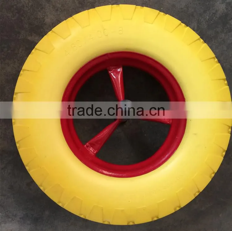 16 inch 400-8 solid wheel barrow tyre with axle PU foam rubber wheel