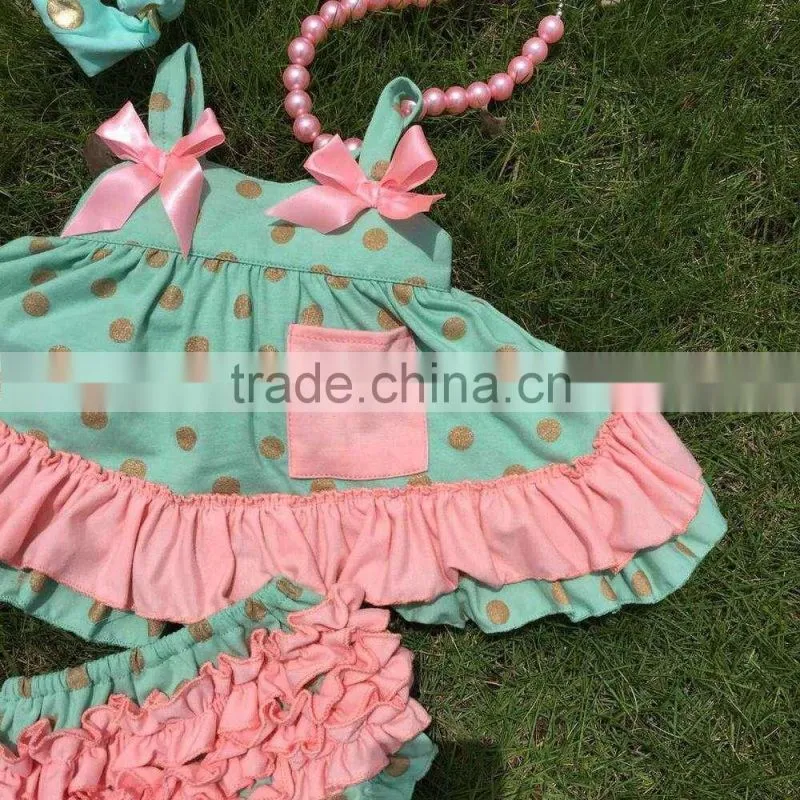 in stock golden polka dot swing top sets newborn girl clothes kids green swing top sets with necklace and headband