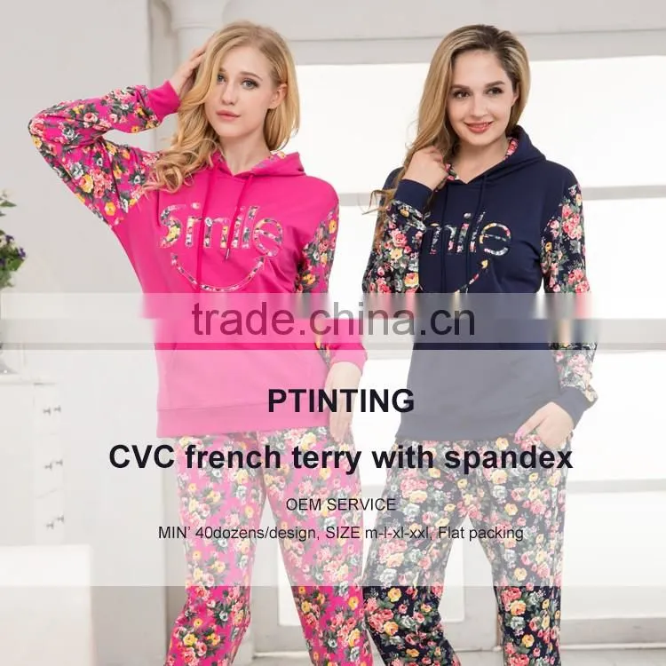 Top design women fancy flower printing pajama with hoody+ long pant winter women pajamas set wholesale