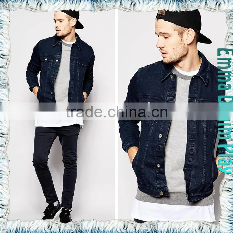 Wholesale Mens Slim Long Sleeve Blue Denim Chic Jackets with Silver Button