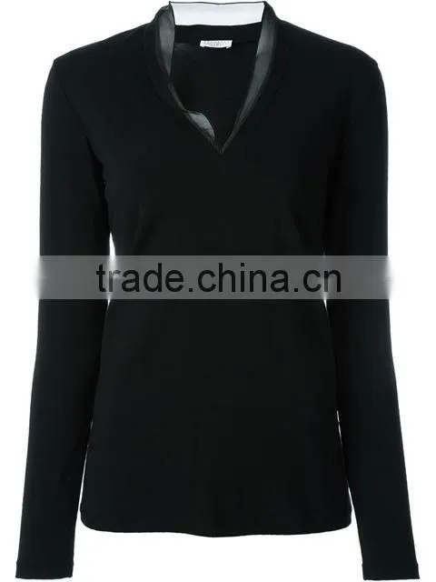 Custom Women Long Sleeve V Neck Plain T-Shirts,New T Shirts Design V neck Black blank plain t shirt for women