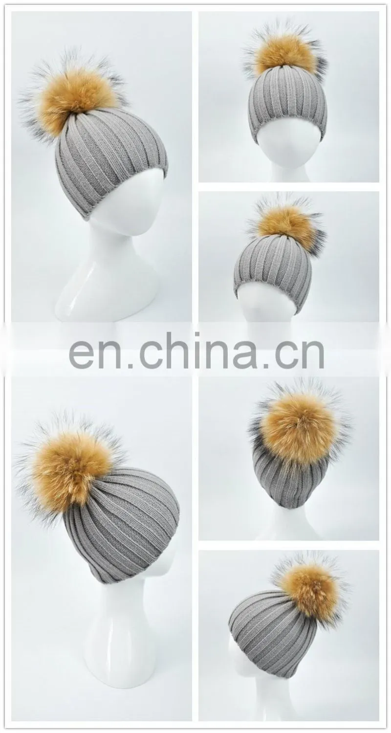 Top Lovely Light Blue Color Knitted Hat With Large Raccoon Fur Pom Pom Classic Fur Pom Hat Baby