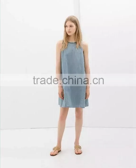 2014 new design Ladies sleeveless denim dress women light bule denim jeans dress