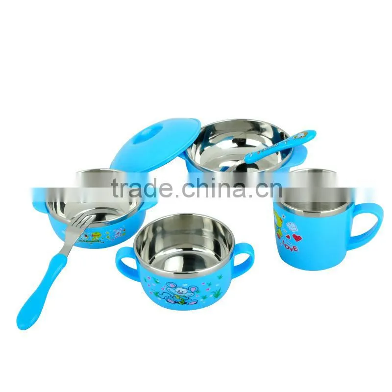 tableware wholesale stainless steel color bowls set with fork spoon and plastick lid for kids