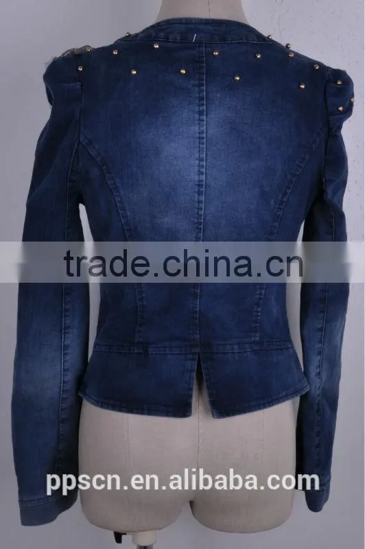 2015 new arrival fashion high quality beading decoration lady denim jacket with hood, denim jacket women wholesale China
