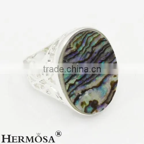 Precious Rainbow Real Abalone Shell 925 Sterling Silver Oval Big Stone Ring
