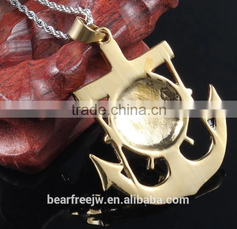 Titanium Stainless Steel Vintage Mens Punk Gold Skull Head Anchor Charm Necklace Pendant