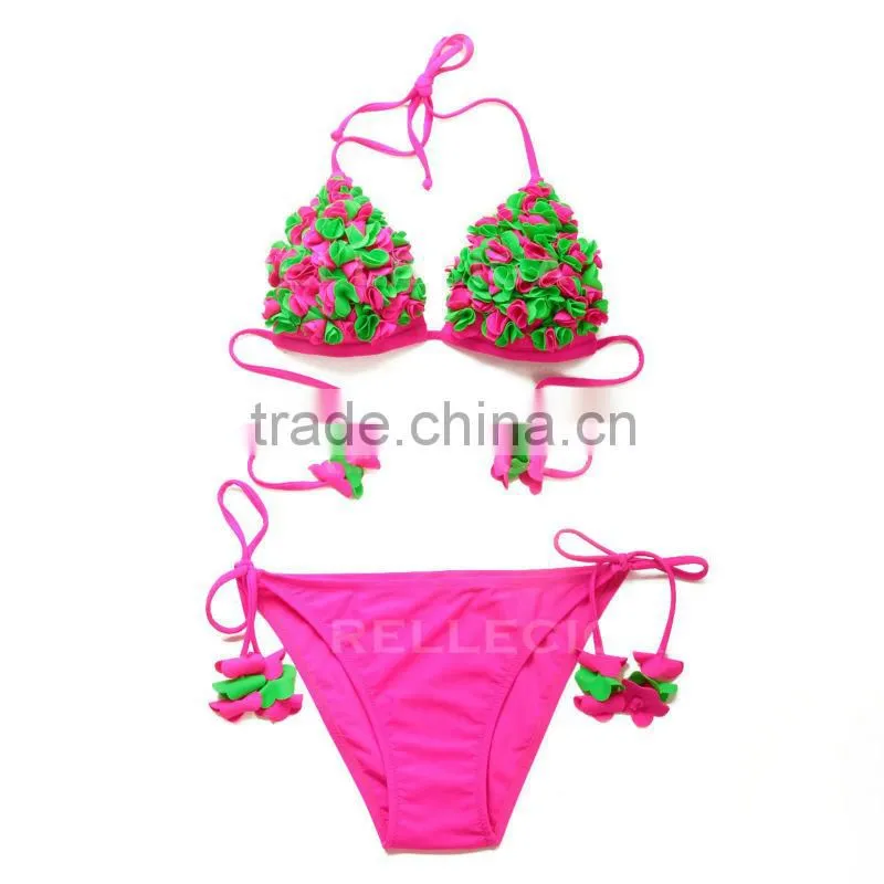 RELLECIGA Solid Color Bikini Series - Hot Pink with 3D Green Blooming Flower Triangle Top Bikini Set with Moderate Push-up Molde