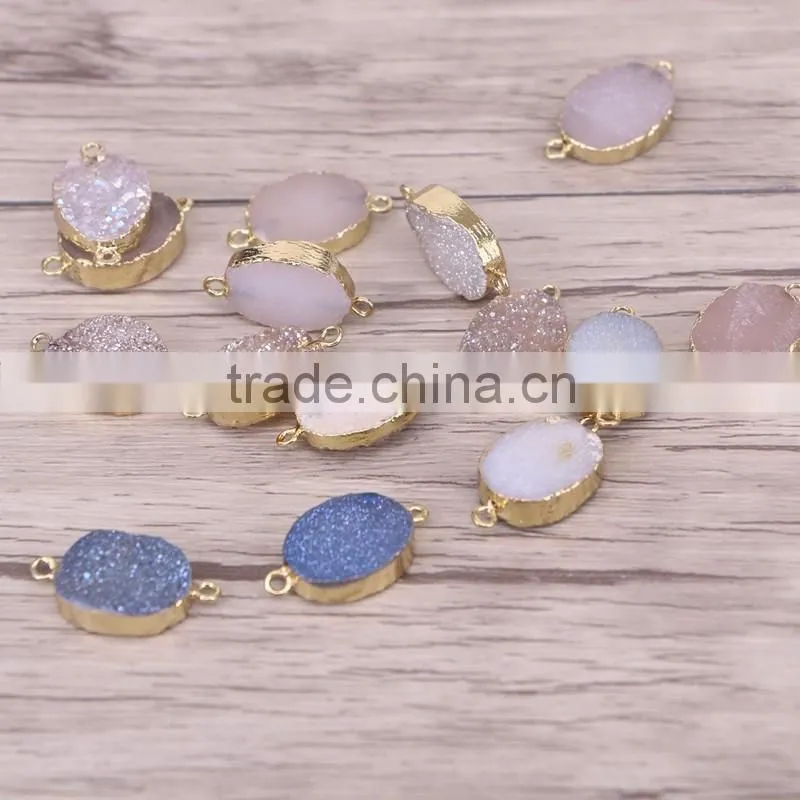Gold Plated Oval Natural Agate Titanium Druzy Connectors Beads Jewelry Craft