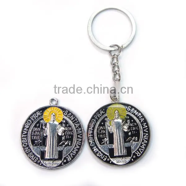 YIWU wholesale st.benedict medal keychain with oil epoxy,christopher medal keychain,religious Christian Benedict keychain