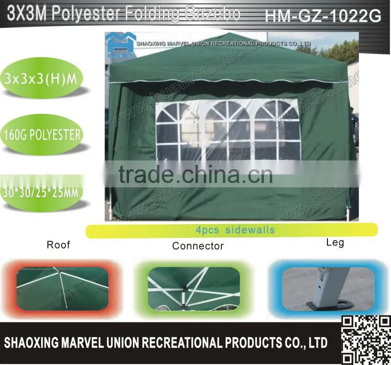 Green polyester fast up portable folding gazebo with windows 3x3m