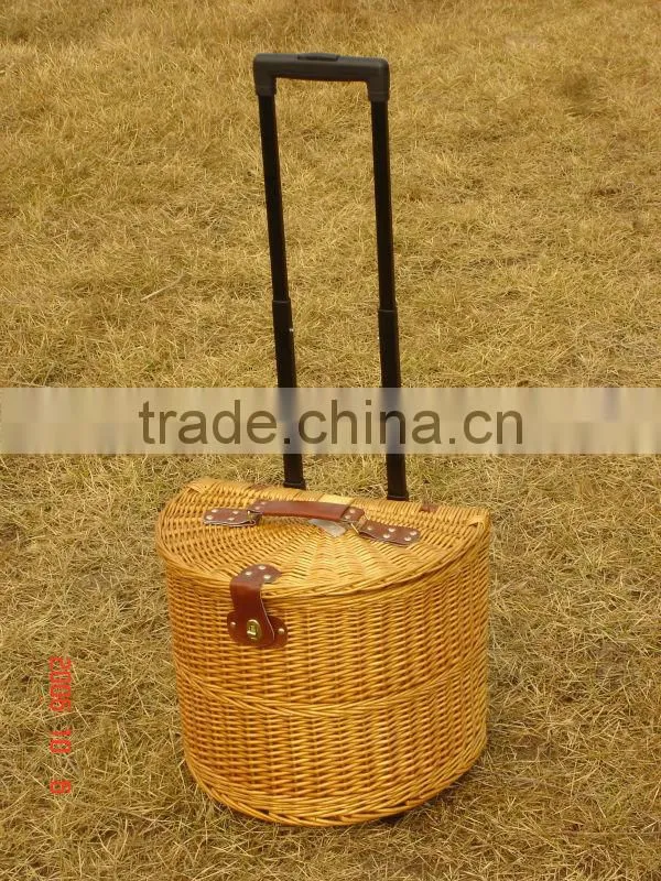 handweave wicker picnic basket with wheels& trolley&pull rodand wheels in autumn &fall