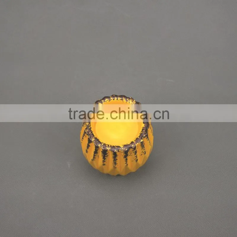 Home Decorative Yellow Glzaed Ceramic Tealight Candle Holders with Distressed Finish