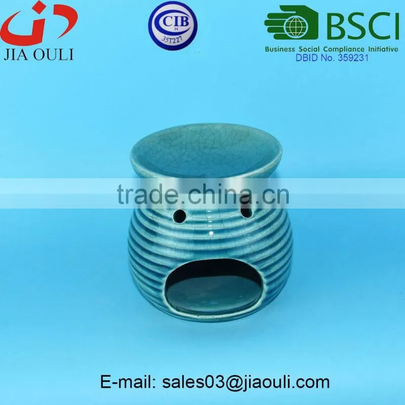 Teal and yellow crakle glazed ceramic oil burner, fragrance oil burner