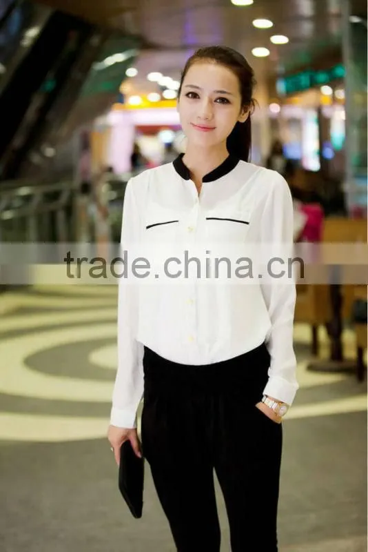2015 Hot Sell Fashion Chiffon Blouse Stand Pockets Clothes Women Stand Collar Chiffon Blouse Long Sleeve Shirt