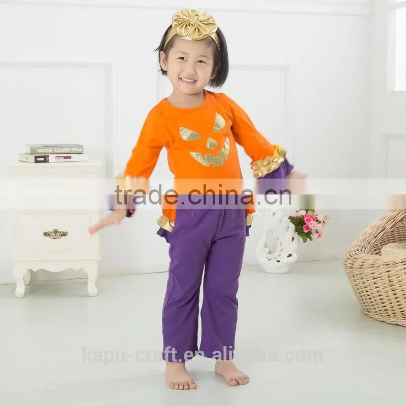 Halloween clothing sets pumpkin top and chevron ruffle pant clothing sets wholesale children boutique clothing sets