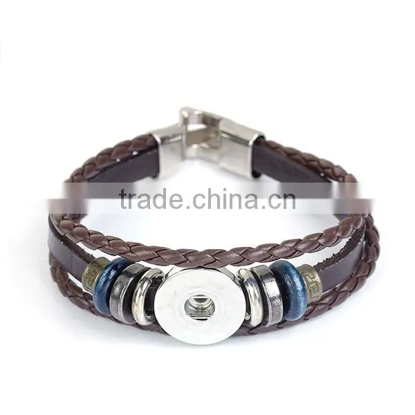 Real Leather Snap Button Bracelets Fit 18mm/20mm Snap Buttons Coffee Silver Tone Round