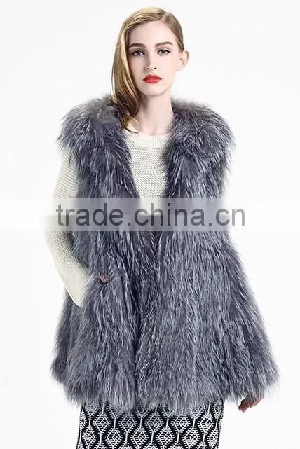 YR620 Top Quality Fashion Fur Women Silver Fox Fur Knit Waistcoat