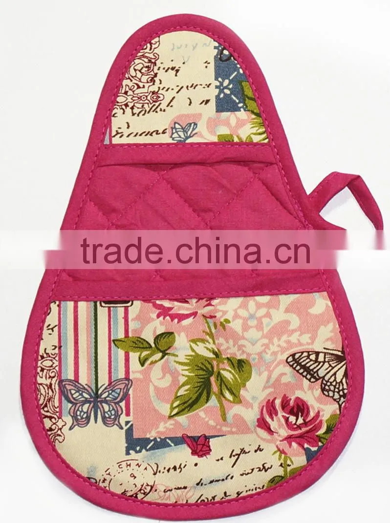 Heatproof Pear Shape Cotton Twill Rose Design Pot Holder With Grasper